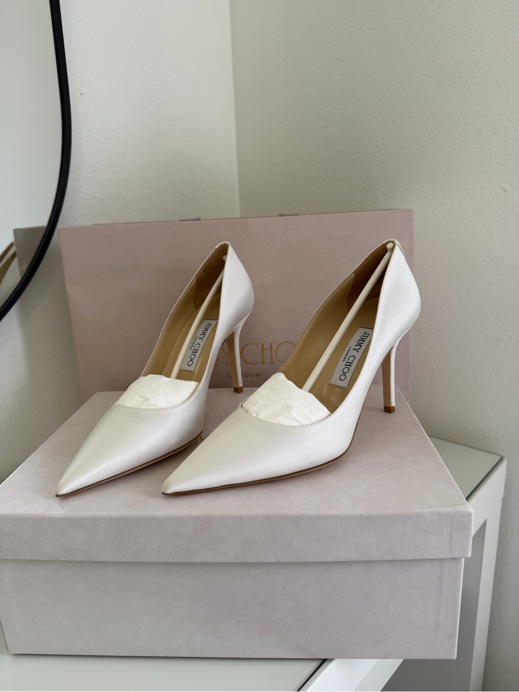 Jimmy Choo White Satin Pointed-Toe Stiletto Pumps